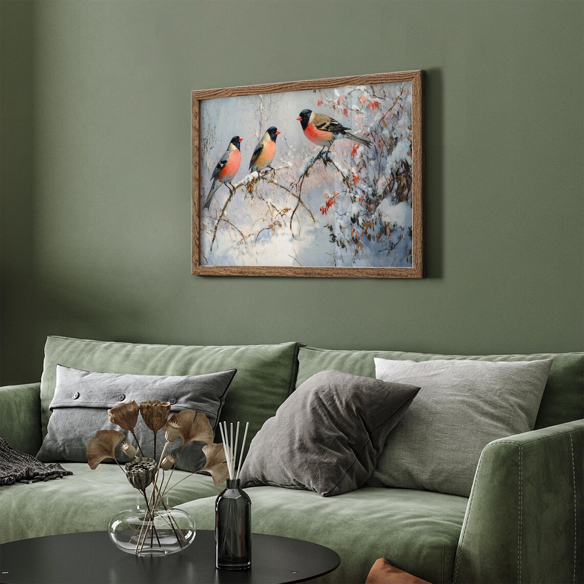 Vintage Bullfinches Snowy Branches Red Berries Winter Bird Art Poster - Image 4