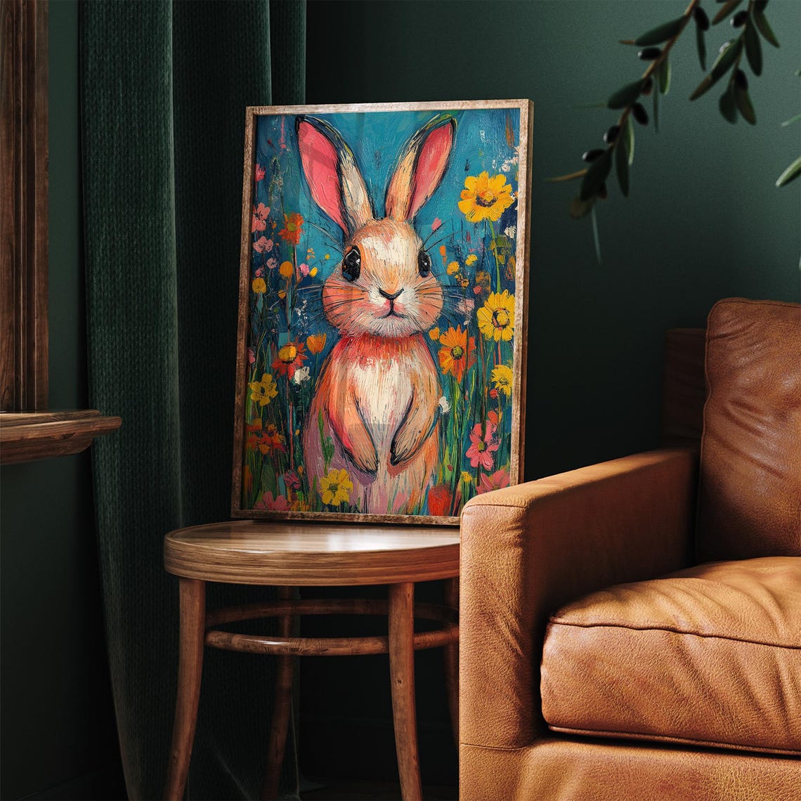 Colorful Easter Bunny Wildflower Meadow Print Cute Vibrant Rabbit Painting Wall Art Spring Kids Room Decor - Image 2