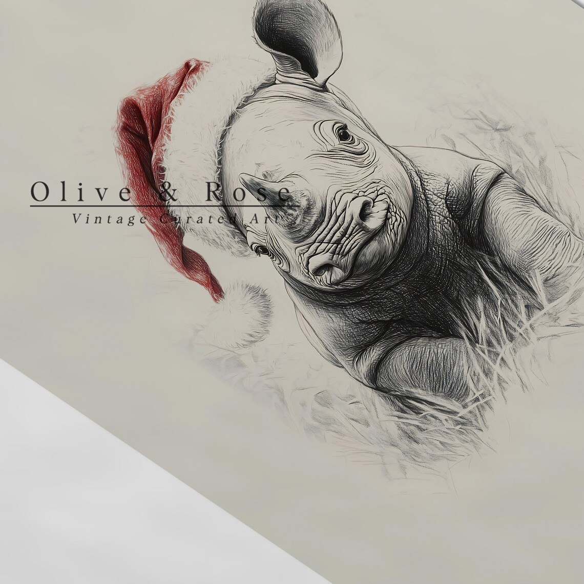 Cute Baby Rhino In Santa Hat Sketch Vintage Christmas Nursery Poster - Image 5