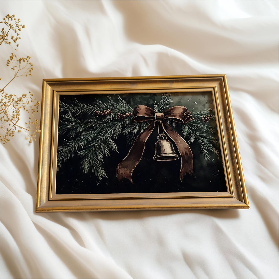 Moody Bronze Christmas Bell Evergreen Branch Bow Vintage Dark Poster - Image 2