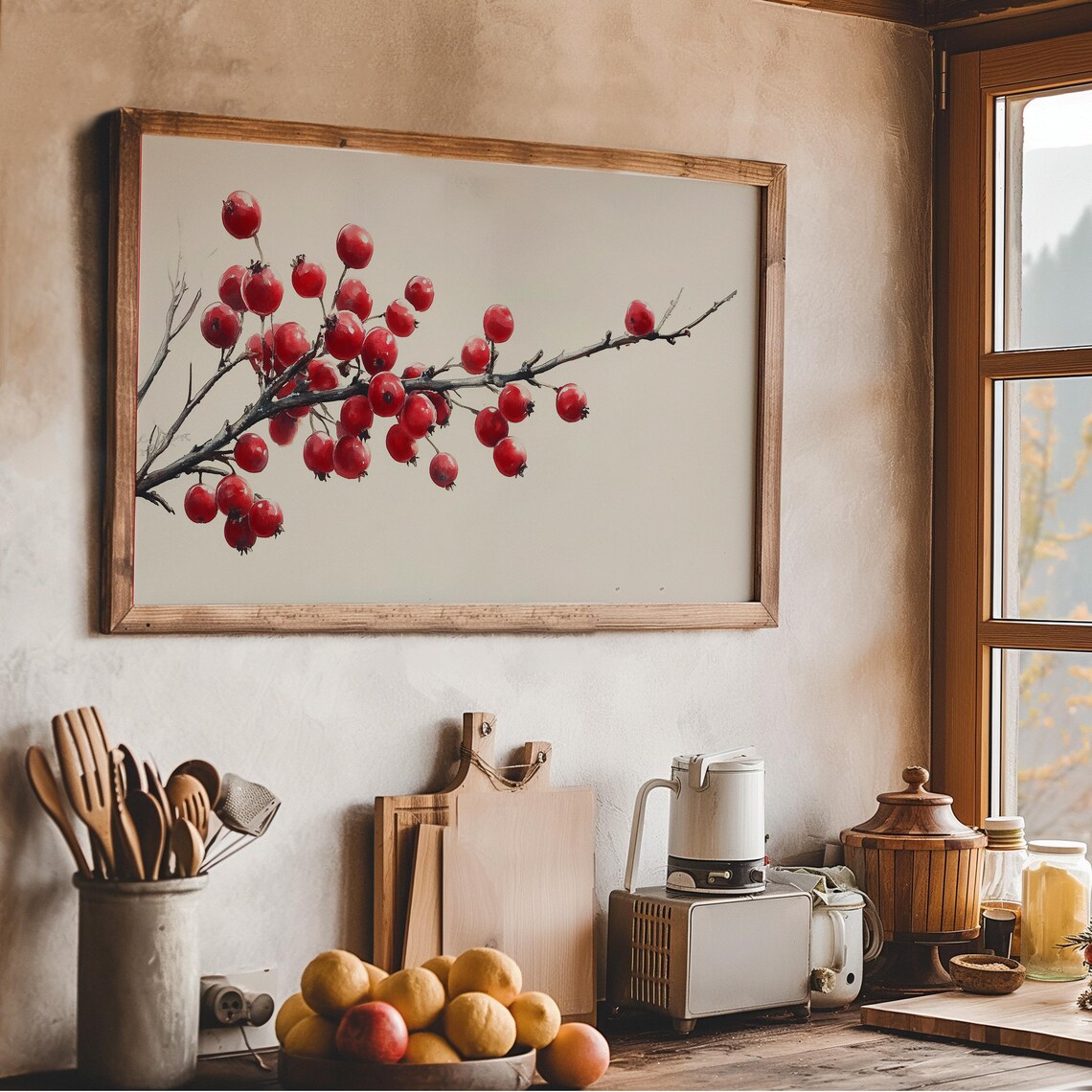 Winter Red Berry Branch Minimalist Watercolor Neutral Holiday Poster - Image 4