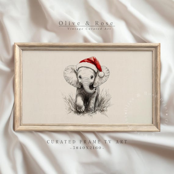 Vintage Elephant With Santa Hat Sketch Frame Tv Art Neutral Christmas Nursery Holiday Decor Cute Baby Elephant Drawing Frame Tv