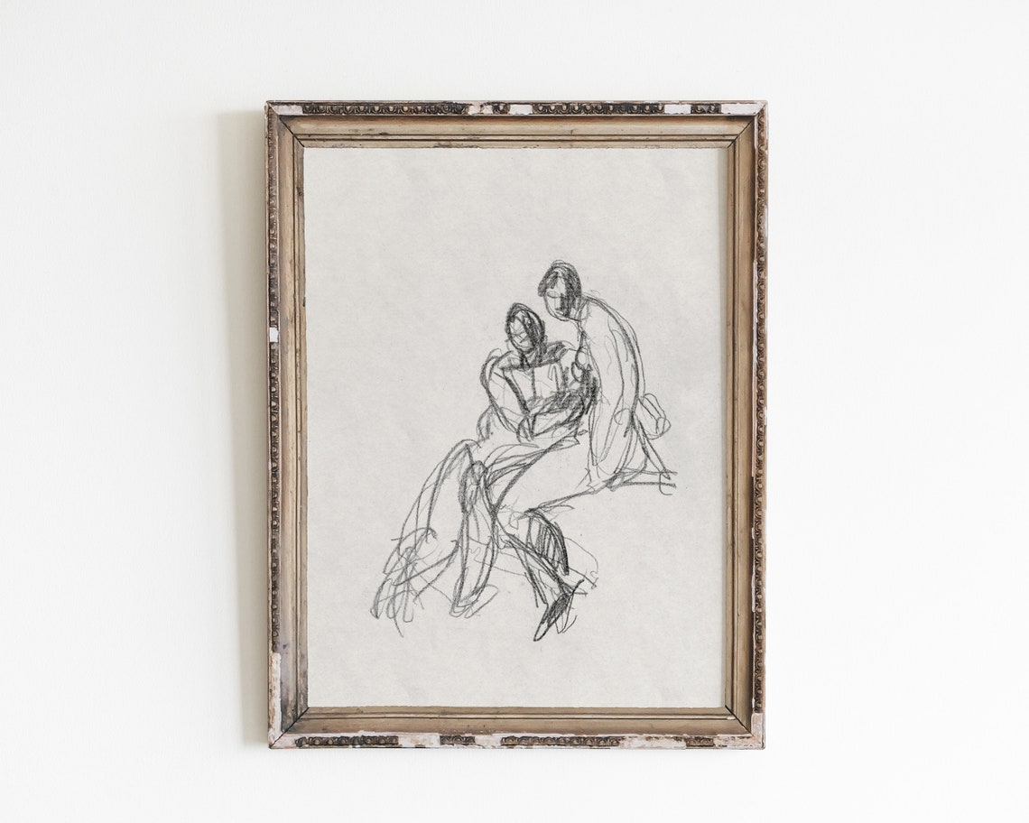 Man Woman Couple Line Art, Vintage Sketch Print