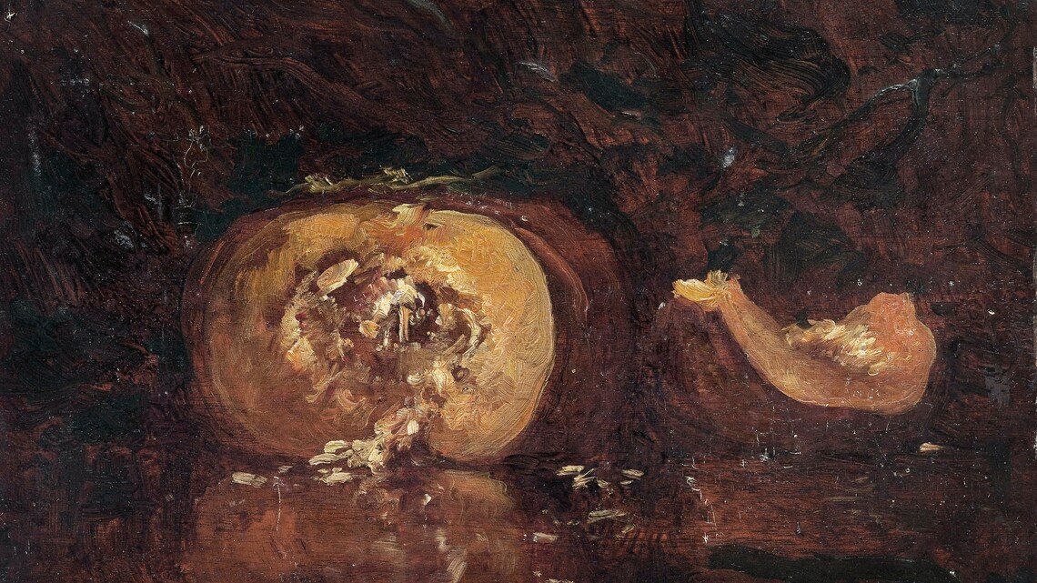 Moody Vintage Pumpkin Still Life Dark Rustic Fall Oil Painting Print - Image 2