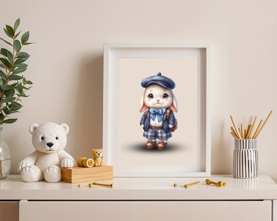 Bunny Schoolboy With Beret Backpack Cute Kids Nursery Art Print