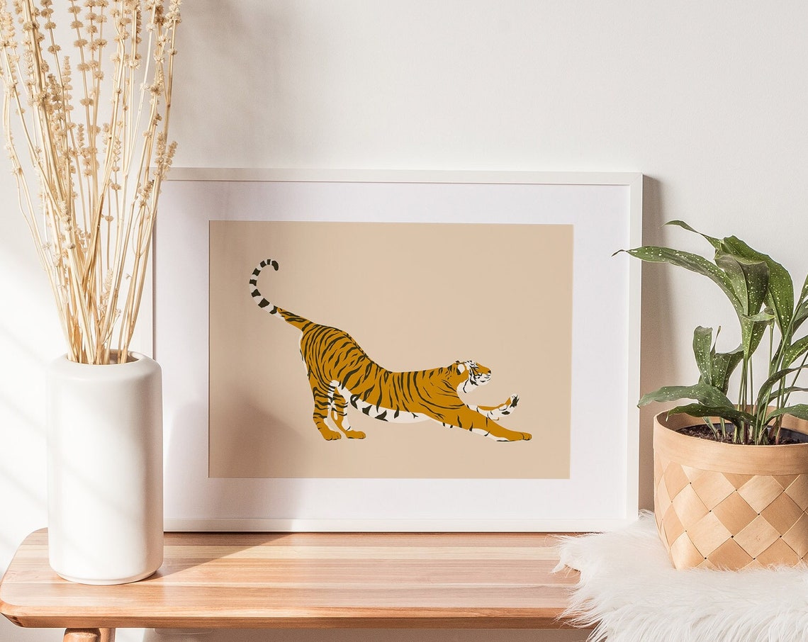 Abstract Stretching Tiger Illustration Beige Playful Safari Poster - Image 2