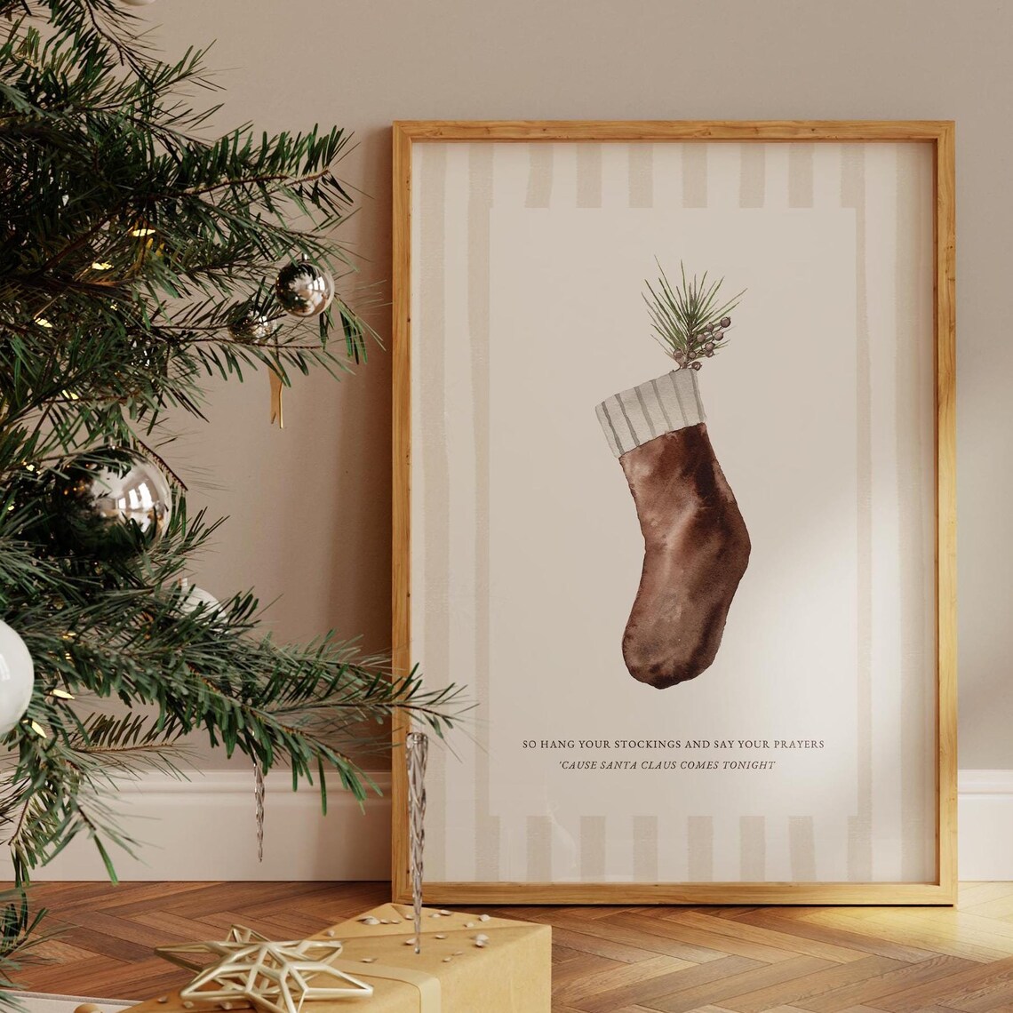 Hang Your Stockings Santa Claus Tonight Watercolor Christmas Art Print