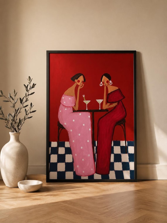 Martini Girls Cocktail Poster Vintage Red Background Bar Artwork