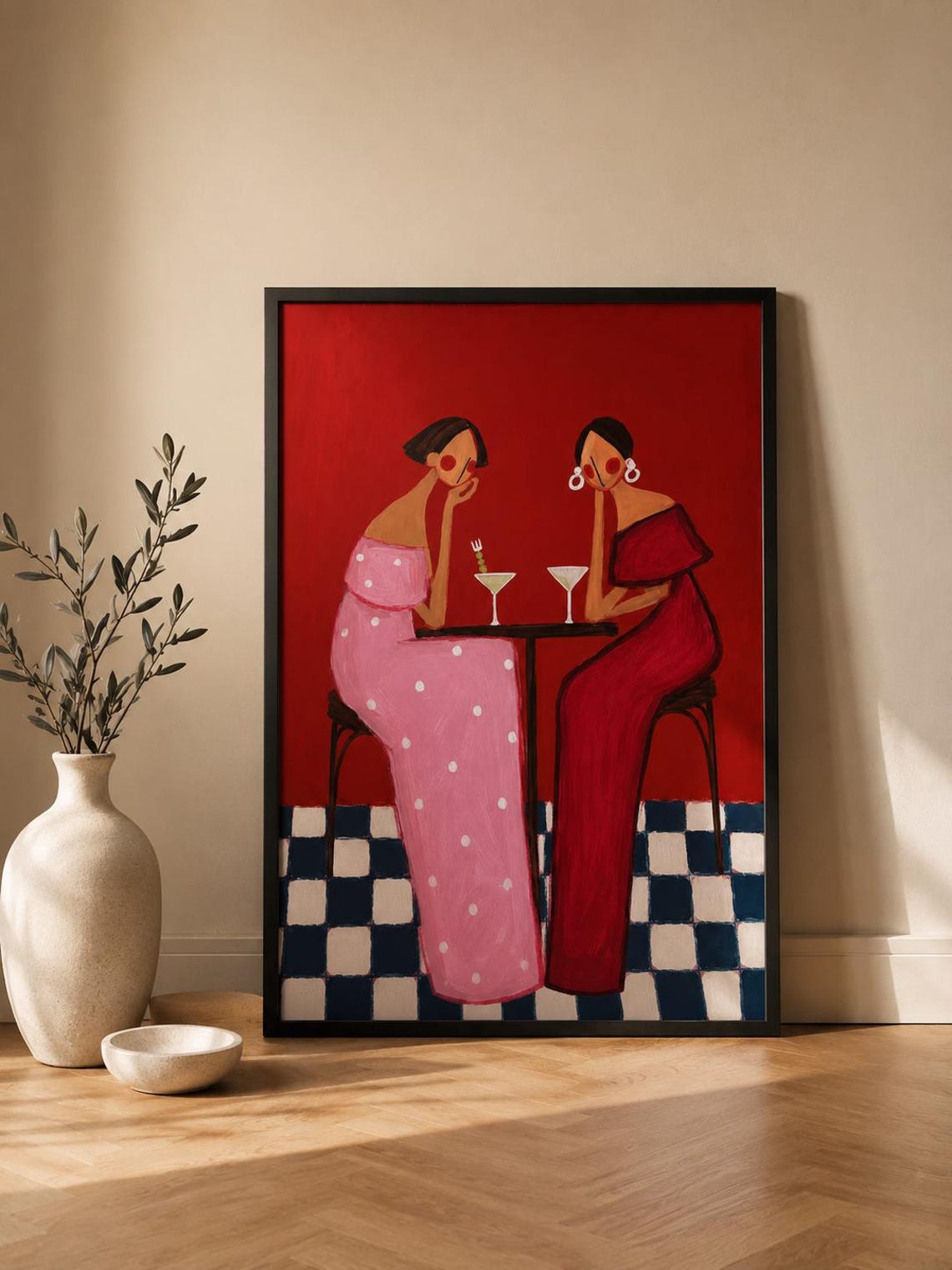Martini Girls Cocktail Poster Vintage Red Background Bar Artwork