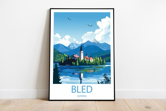 Handmade Bled Slovenia Poster Wall Art Modern Travel Framed Birthday Home Made Decor Gift Vector Illustration Print Painting
