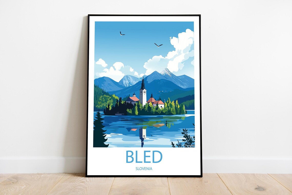 Bled Slovenia Island Church Lake Mountains Vintage Travel Poster