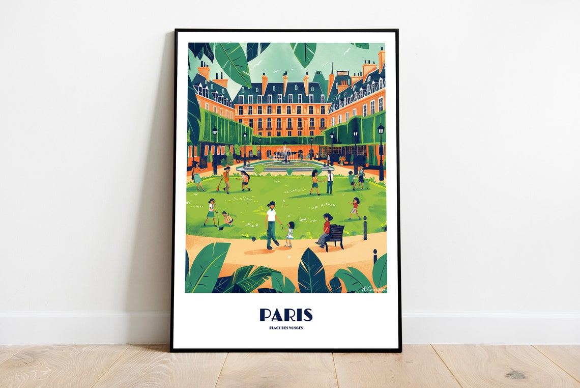 Paris Place Des Vosges Handmade Poster Wall Art Retro Travel Framed Birthday Home Made Decor Gift Vector Illustration Print
