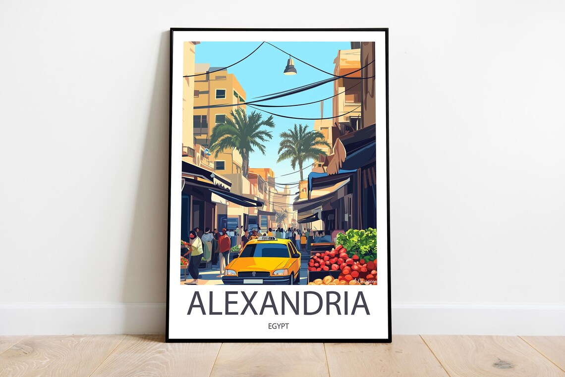 Alexandria Egypt Bustling Market Street Yellow Taxi Art Poster