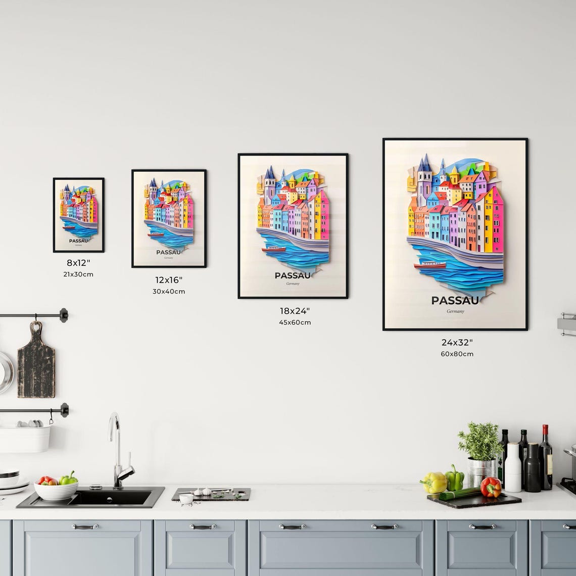 Passau Germany Old Town River Boat Colorful Paper Cut Poster - Image 3