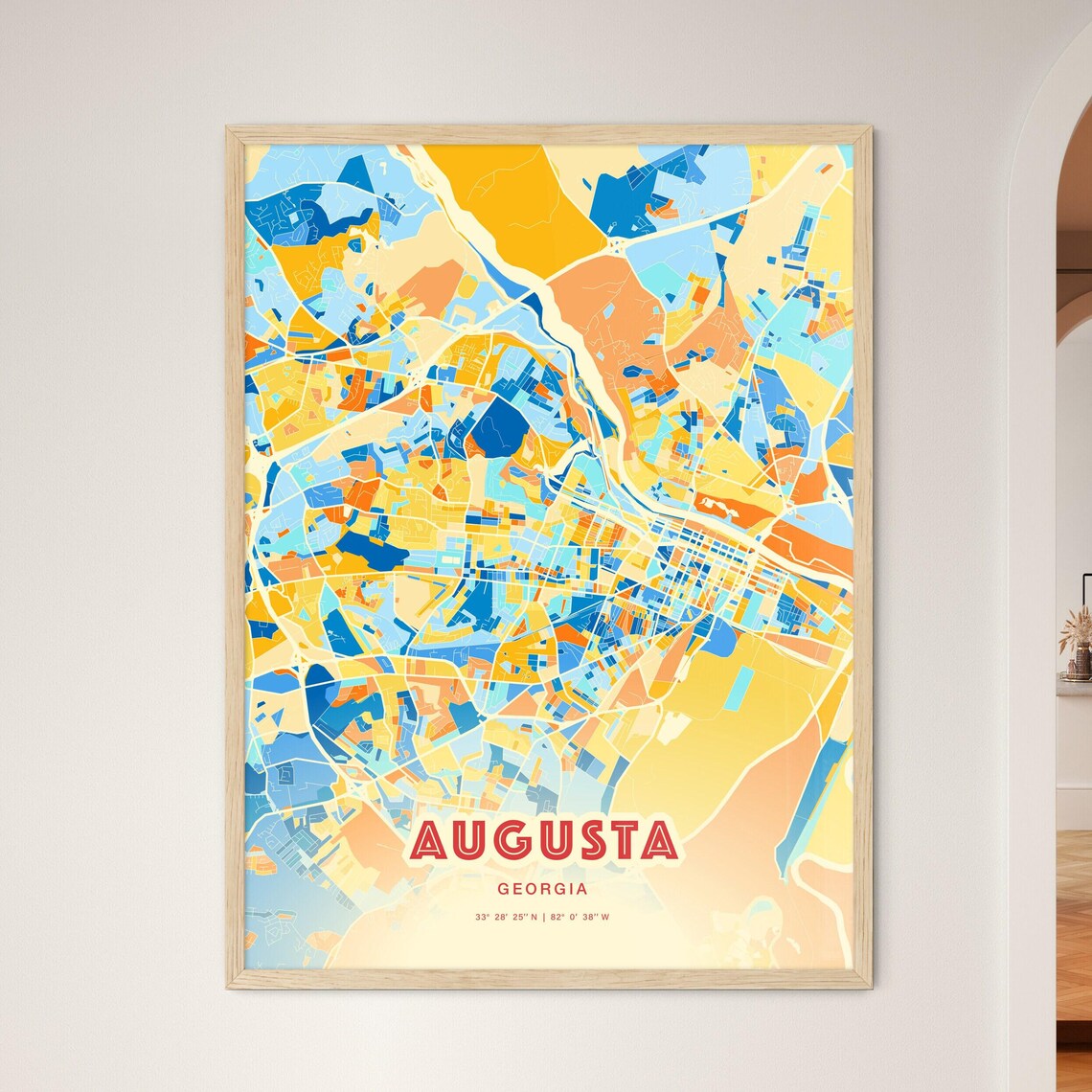 Augusta Georgia Blue Orange Modern City Map Art Poster for Walls