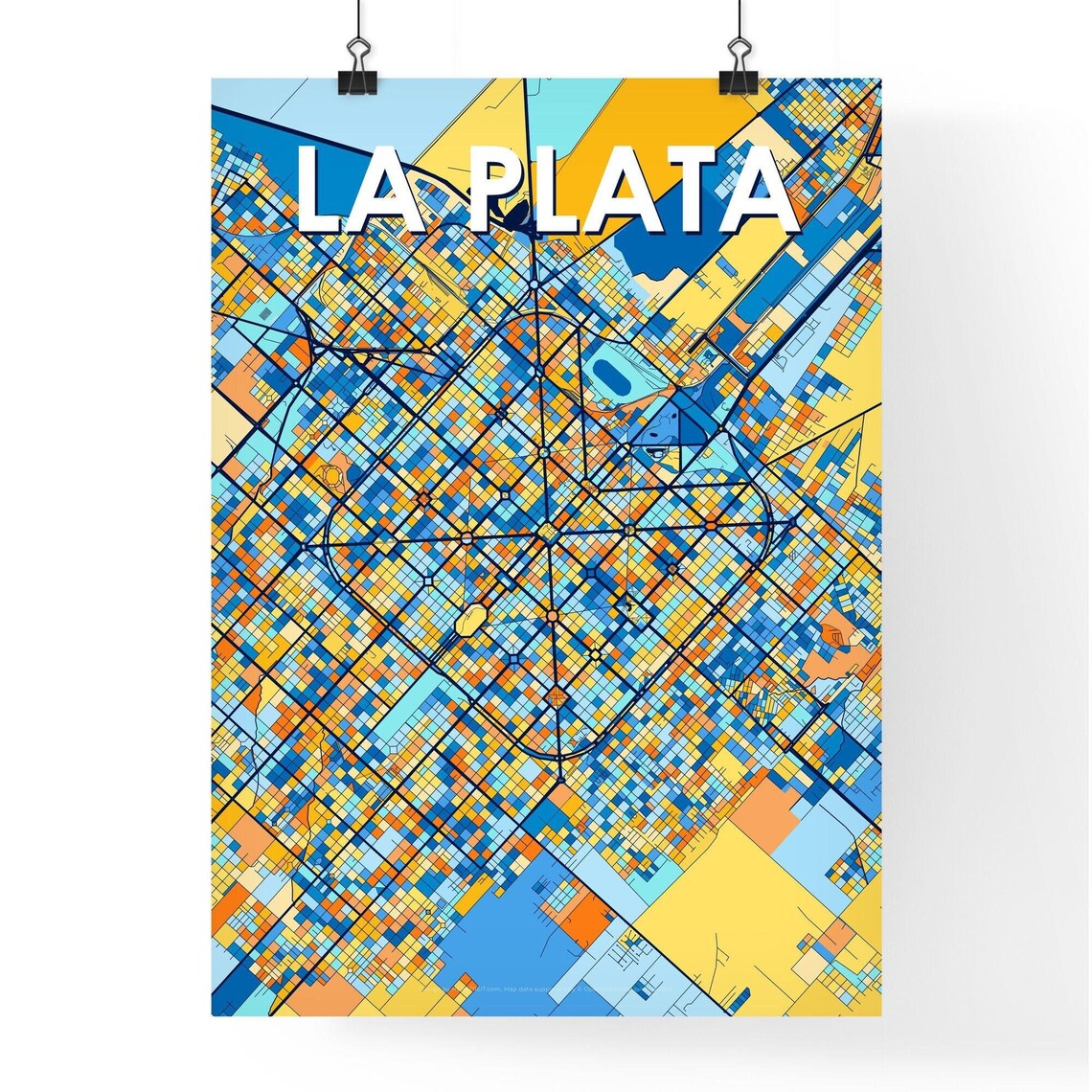 La Plata Argentina Stylish Vibrant Blue and Orange Mosaic City Map Poster - Image 4