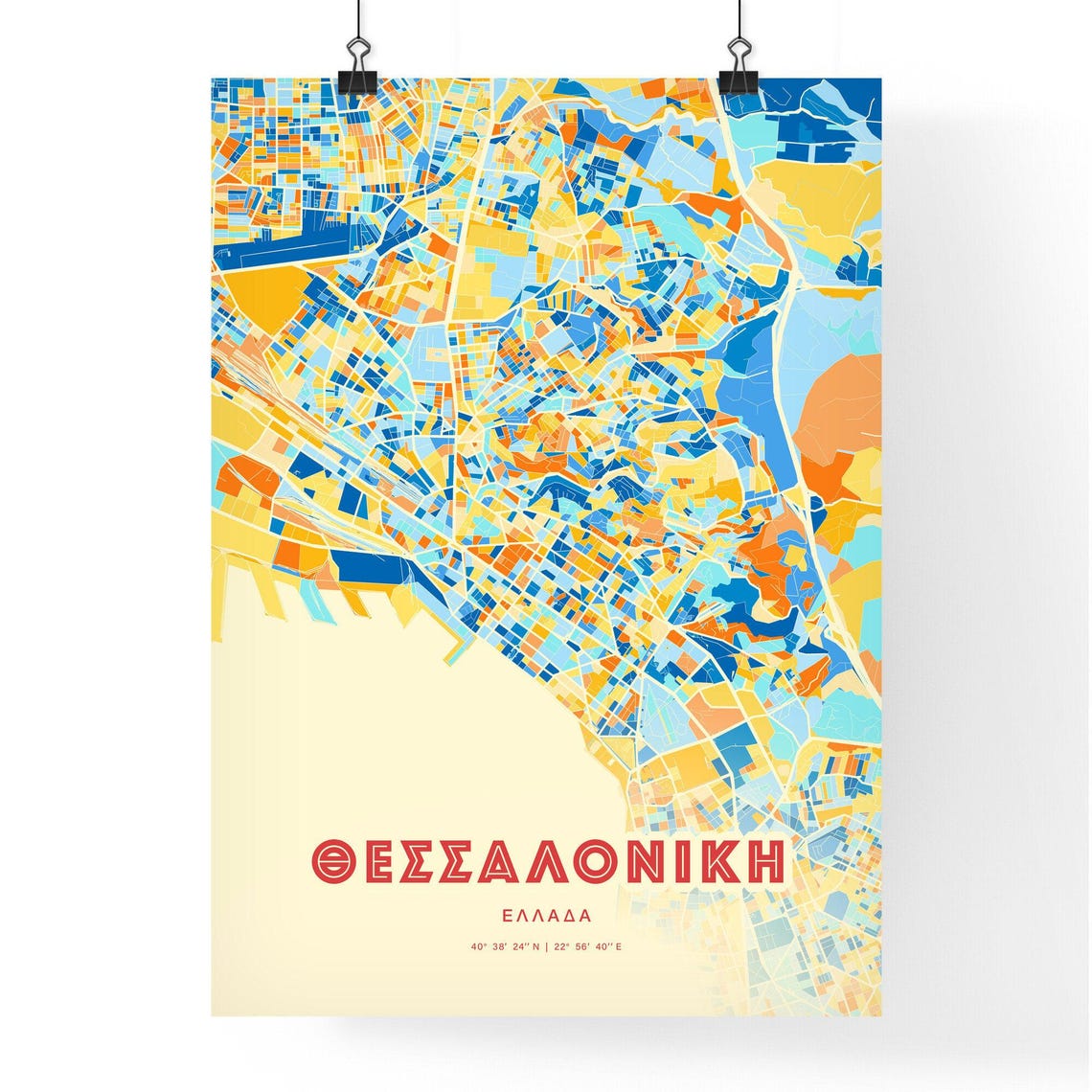 Thessaloniki Greece Colorful Blue Orange City Map Art Poster - Image 3