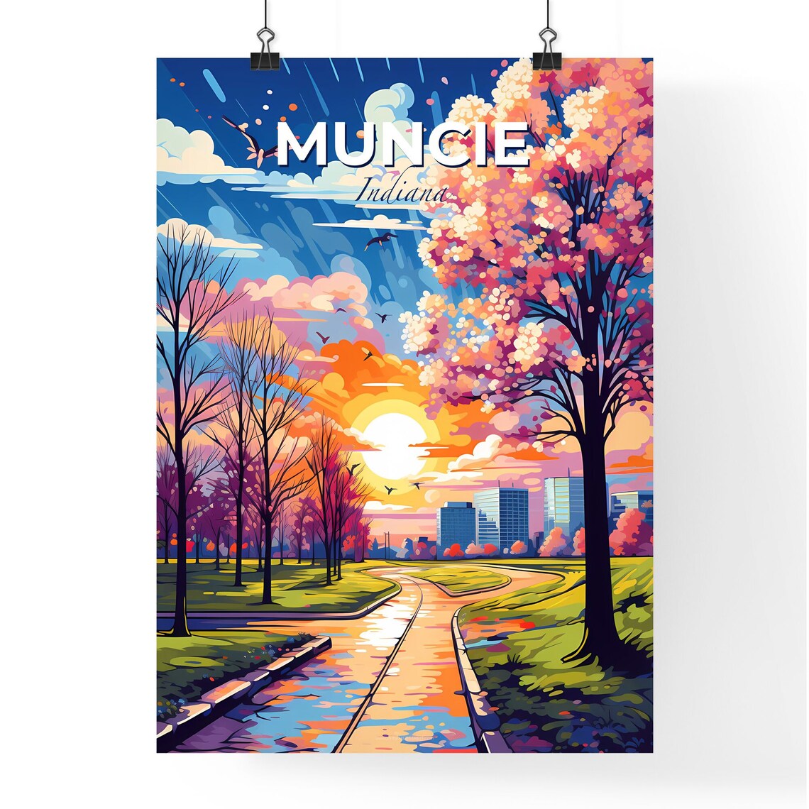 Muncie Indiana Blossom Park Pathway Skyline Sunset Travel Poster - Image 4