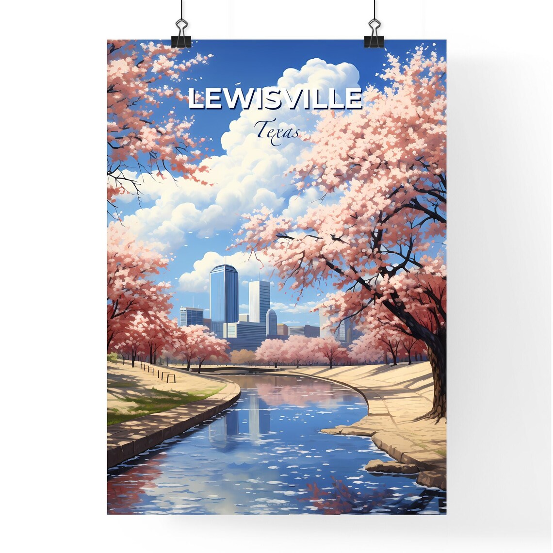 Lewisville Texas Cherry Blossom Riverbend Skyline Travel Poster - Image 4