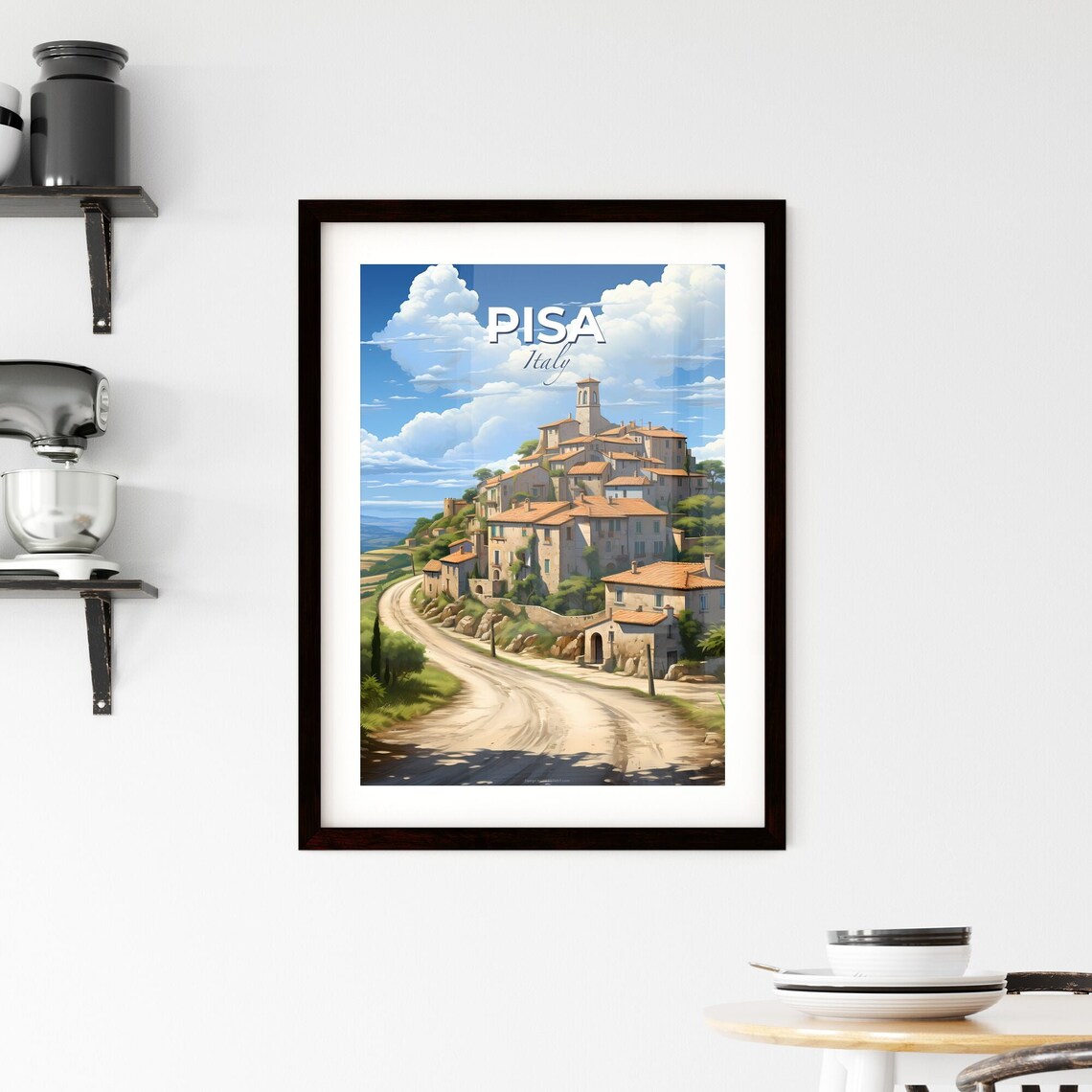 Pisa Italy Hilltop Village Bell Tower Winding Road Travel Poster - Image 2