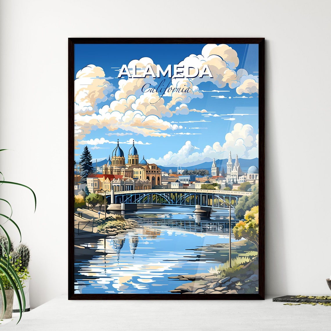 Alameda California River Bridge Domed Buildings Scene Poster