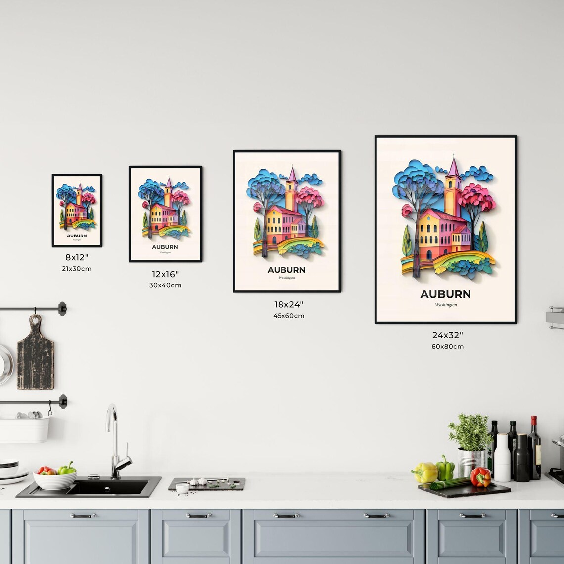 Auburn Washington Colorful 3D Paper Cut Church Trees Art Poster - Image 3
