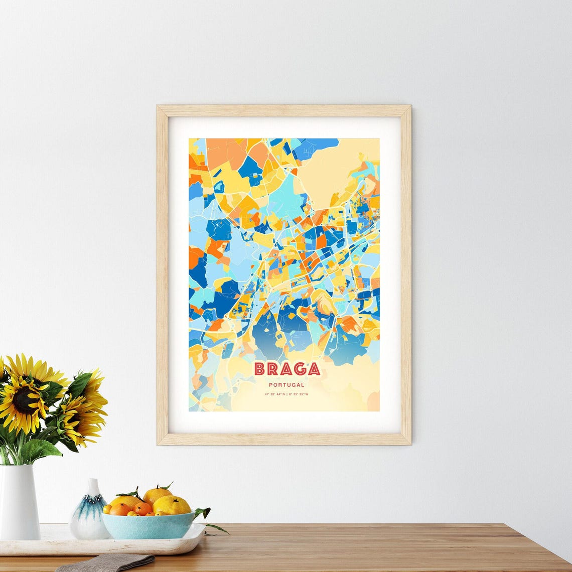 Braga Portugal Modern Colorful Abstract City Map Blue Orange Poster - Image 2