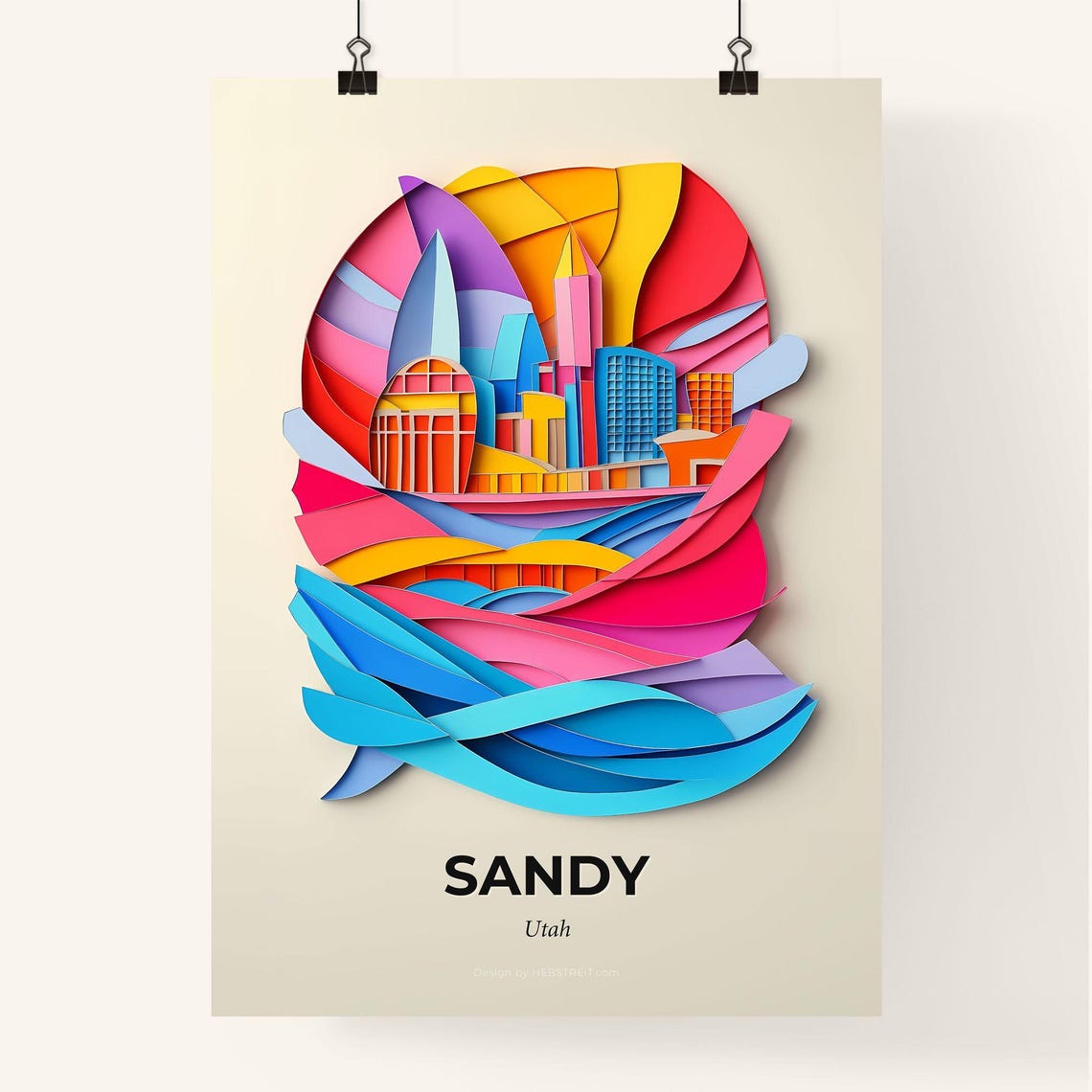 Sandy Utah Skyline Waves Colorful Abstract City Fine Art Poster - Image 4