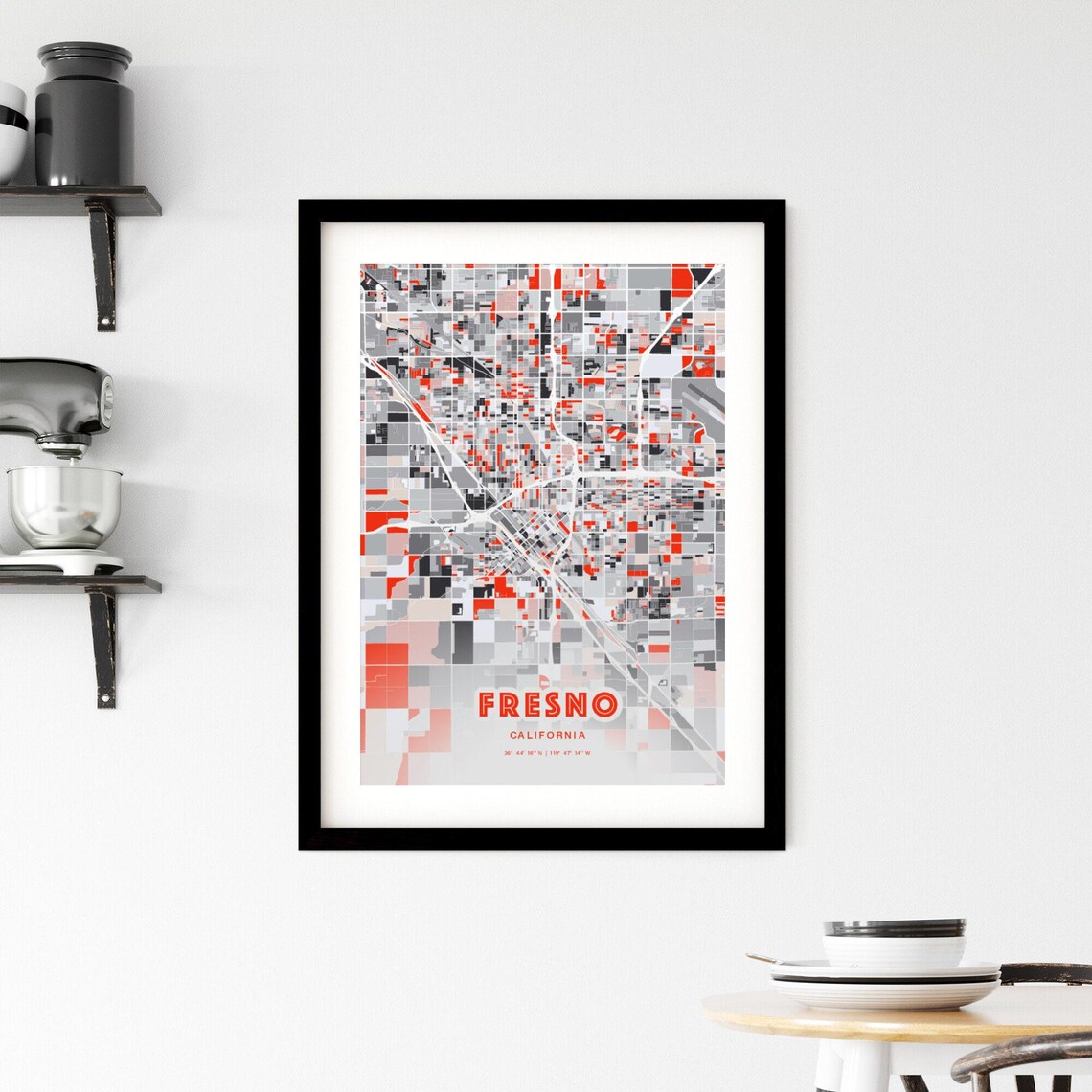 Fresno California Modern Red Gray Expressive City Map Poster Customizable - Image 2