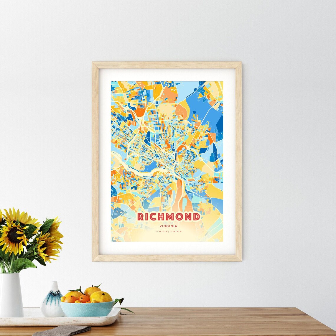 Richmond Virginia City Map Art Poster Blue Orange Street Style - Image 2
