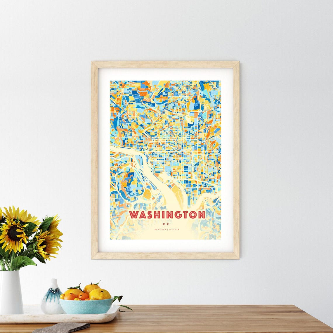 Washington DC Colorful Blue Orange City Map Art Poster Decor - Image 2