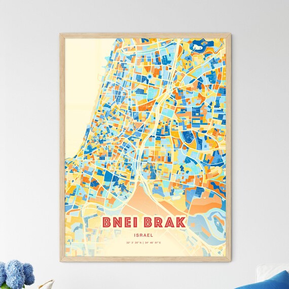 Bnei Brak Israel City Map Abstract Blue Orange Modern Art Print
