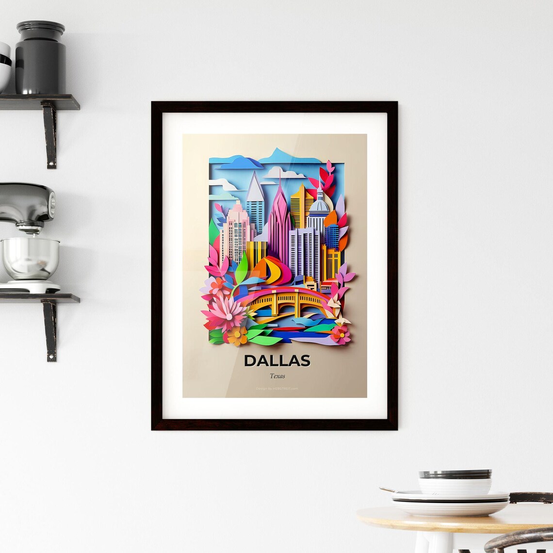 Dallas Texas Skyline Bridge Flowers Paper Cut City Travel Poster - Image 2