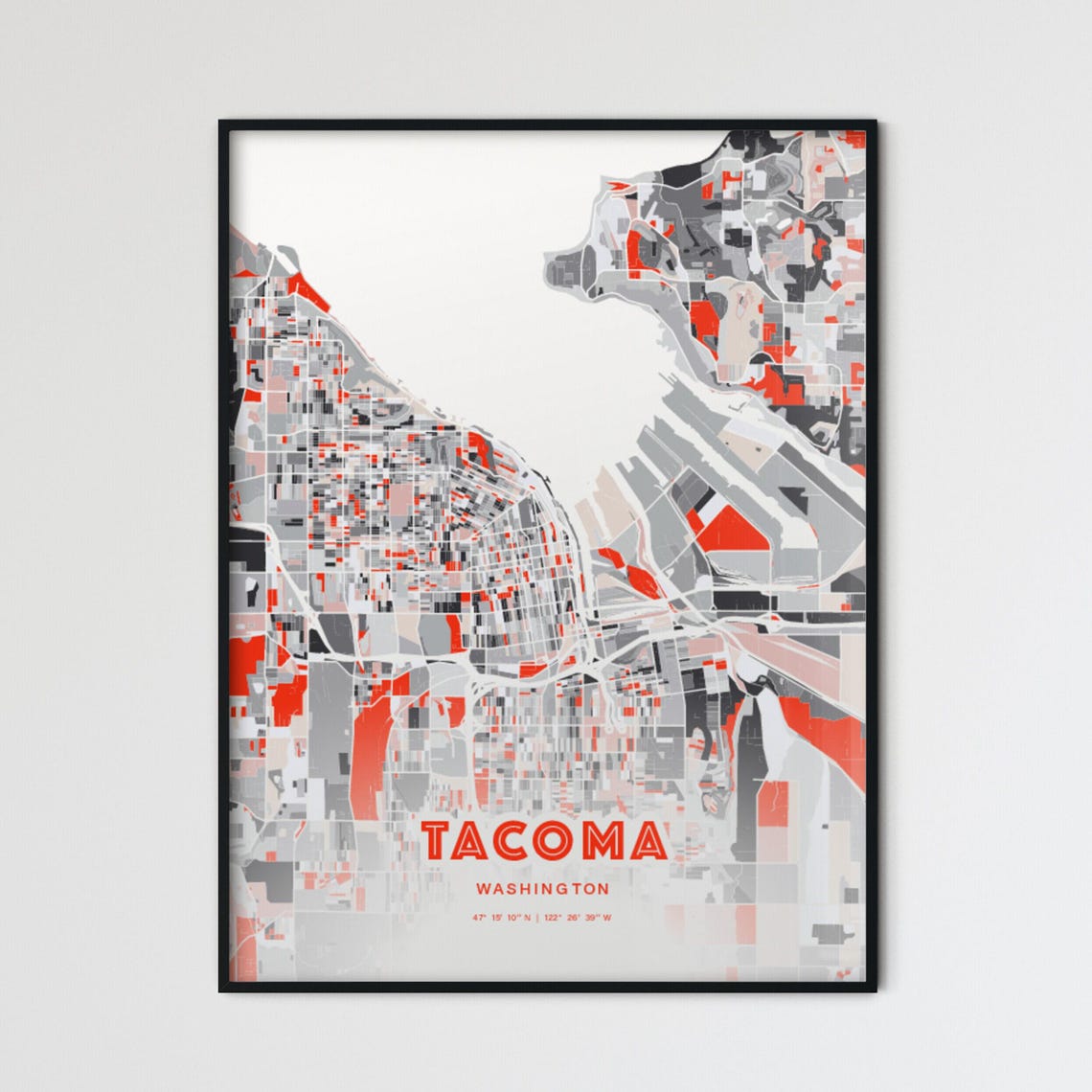 Tacoma Washington City Map Art Modern Red Gray Coordinate Poster