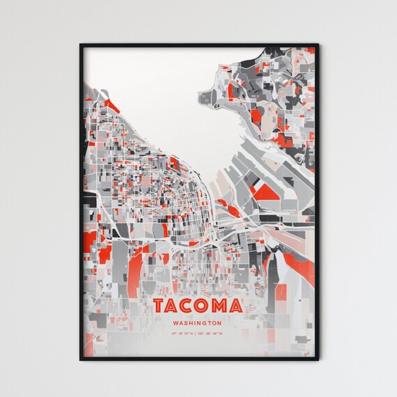 Tacoma Washington City Map Art Modern Red Gray Coordinate Poster
