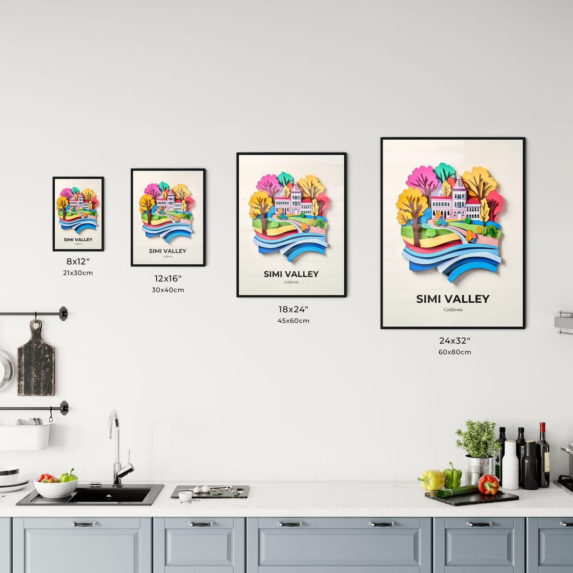 Simi Valley California House Trees Colorful Paper Cut Poster - Image 3