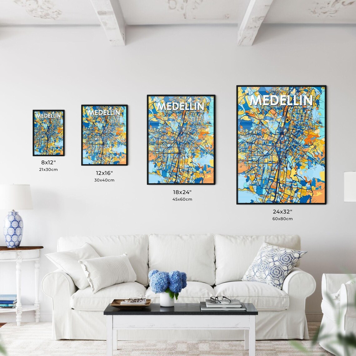 Medellin Colombia Stylish Vibrant Blue and Orange Mosaic City Map Poster - Image 3