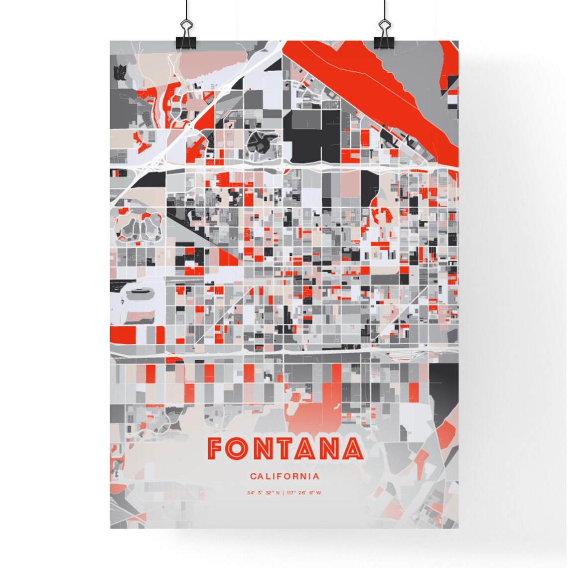 Fontana California City Map Art Modern Red Gray Decor Poster - Image 3