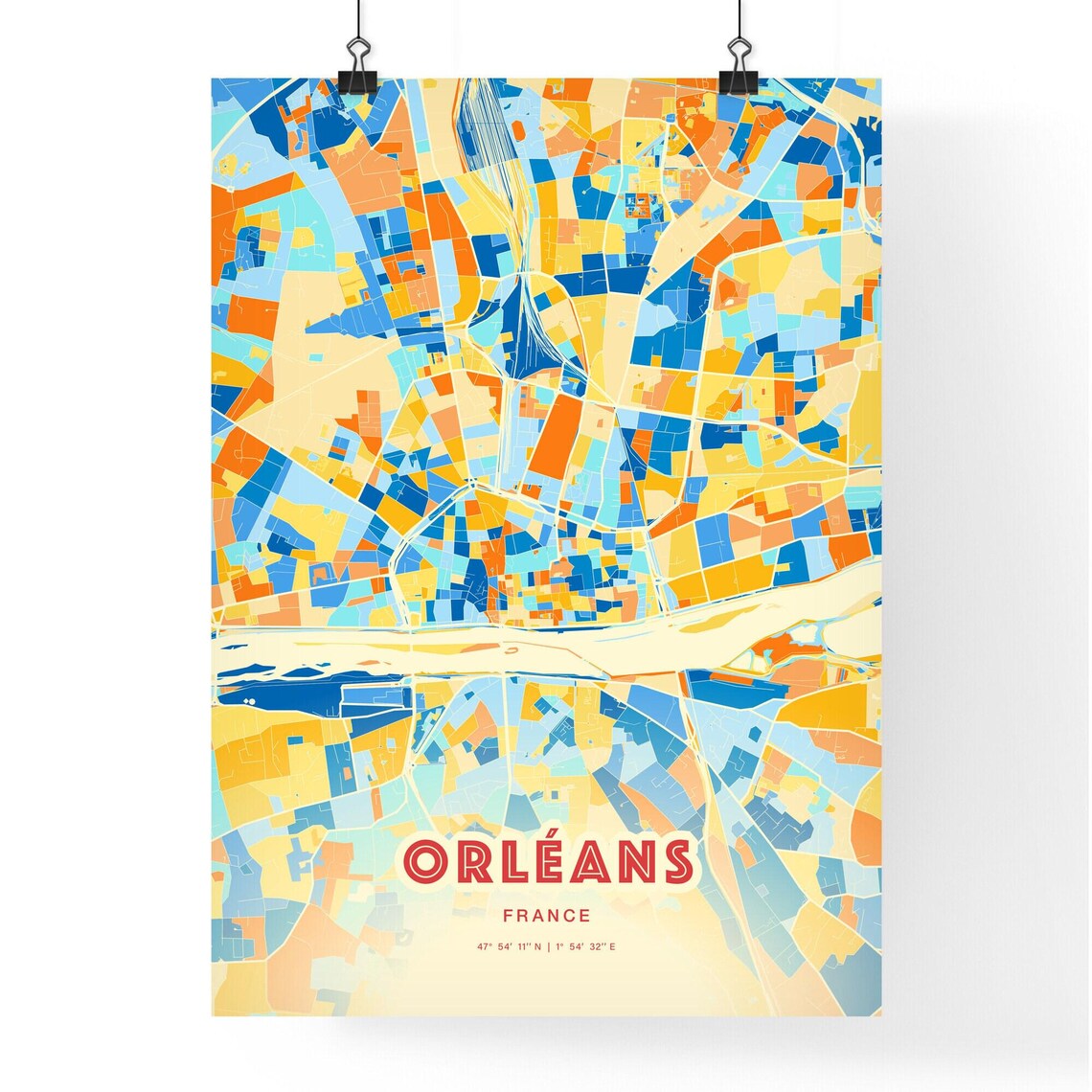 Orleans France Vibrant Blue Orange City Map Art Poster Decor - Image 3