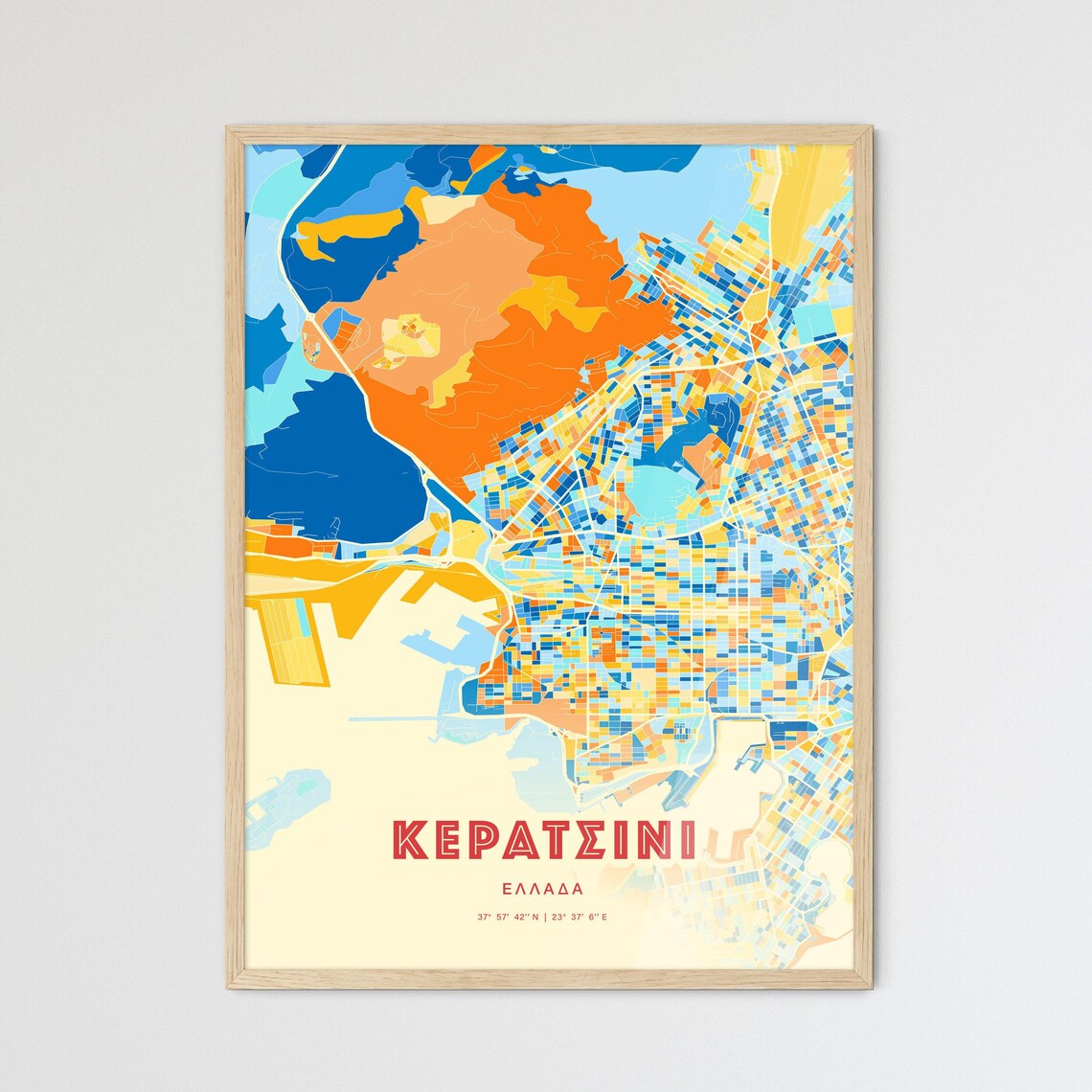 Keratsini Greece Colorful Blue Orange City Map Retro Art Print