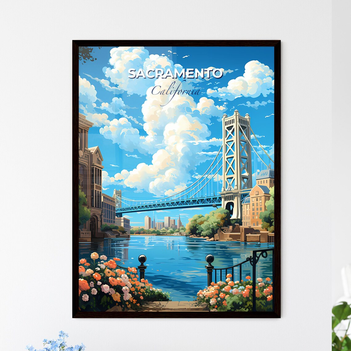 Sacramento California Travel Poster Tower Bridge River Flowers Illustration