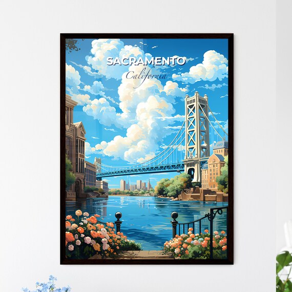 Sacramento California Travel Poster Tower Bridge River Flowers Illustration