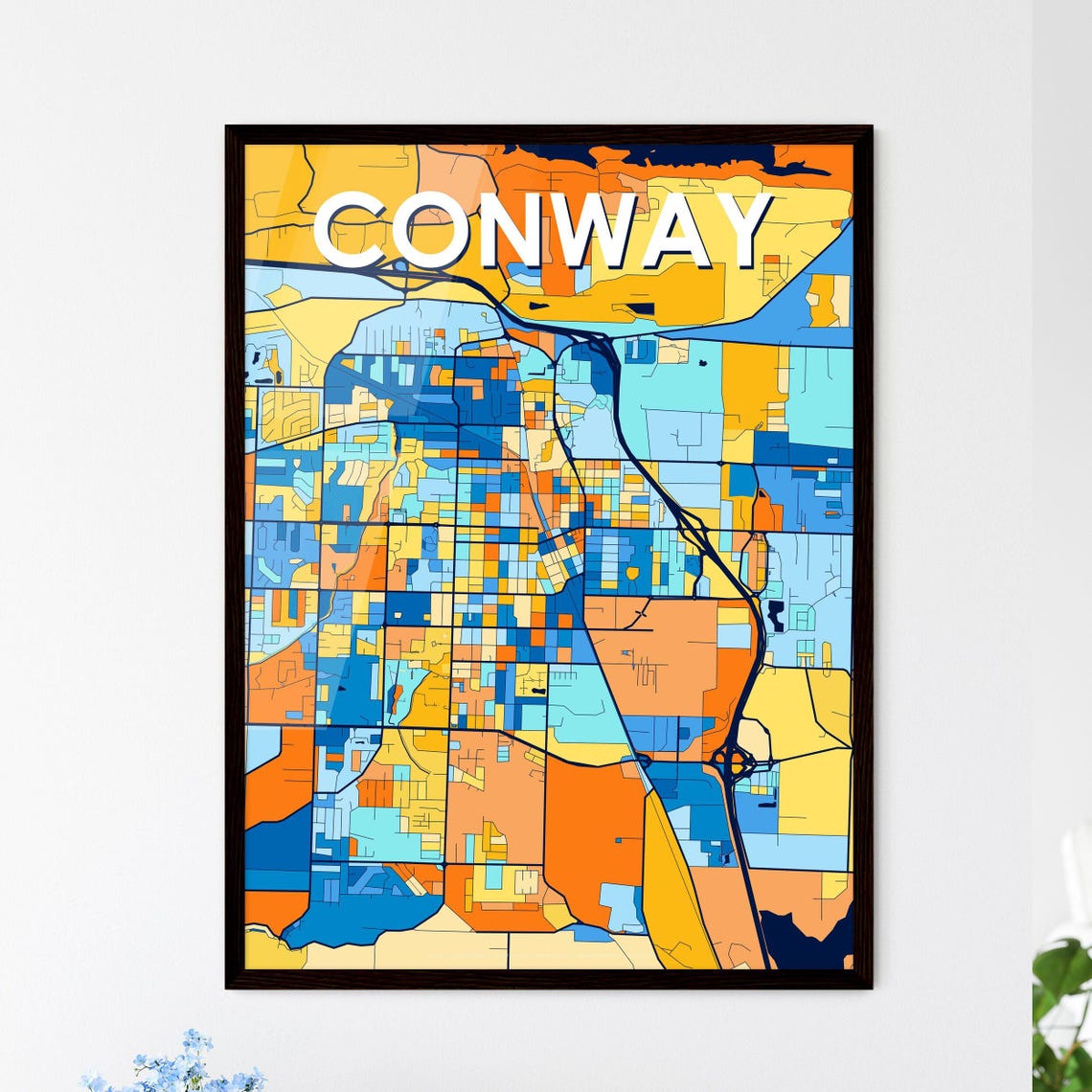 Conway Arkansas Vibrant Stylized Blue and Orange City Map Poster