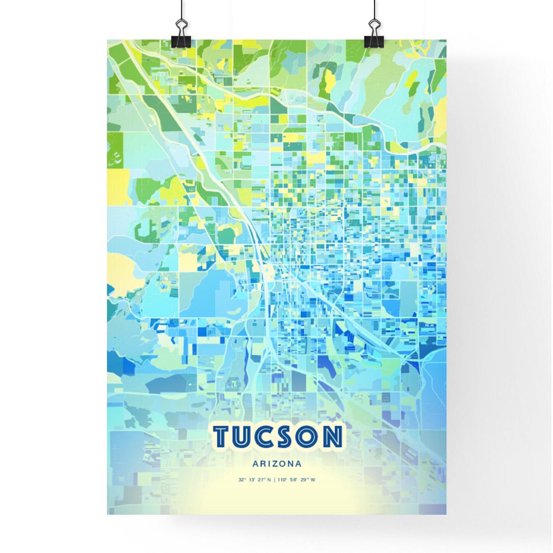 Tucson Arizona Bluish Watercolor Modern Decorative City Map Art Poster - Image 3