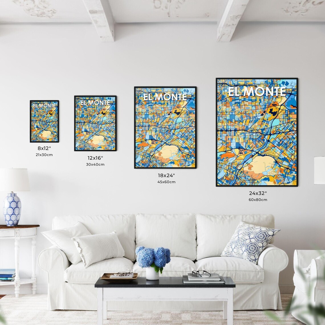 El Monte California Vibrant Colorful Mosaic City Street Map Art Poster - Image 3