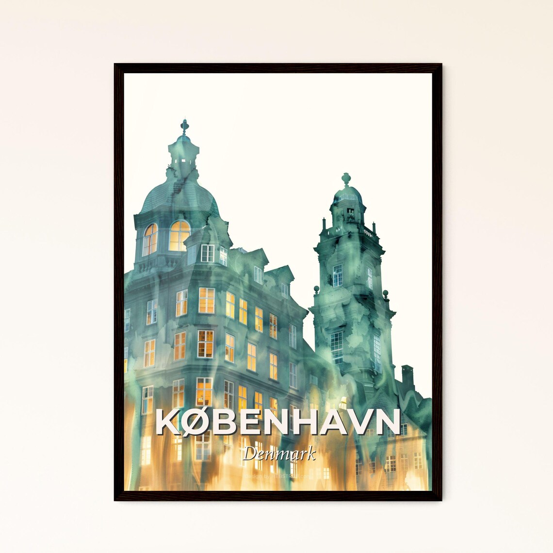 Kobenhavn Denmark Green Watercolor Old Town Architecture Art Poster