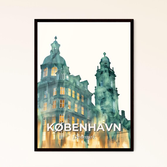 Kobenhavn Denmark Green Watercolor Old Town Architecture Art Poster