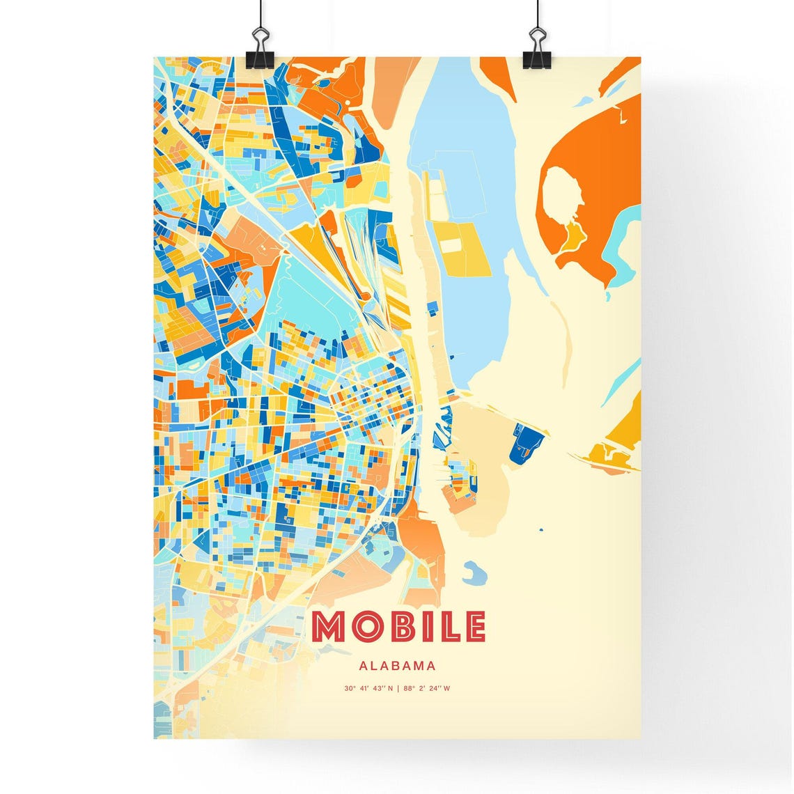 Mobile Alabama Vibrant City Map Art Poster in Orange Blue and Cream - Image 3