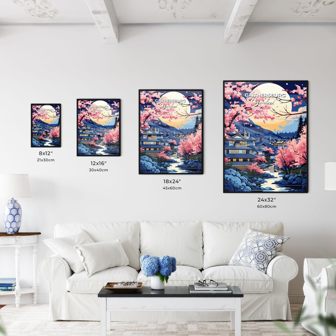 Gaithersburg Maryland Moonlit Village Cherry Blossom Stream Poster - Image 3