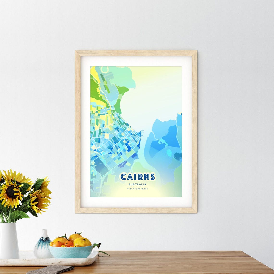 Cairns Australia Pastel Blue City Map Art with Coordinates Poster - Image 2